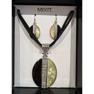 MIXIT Necklace & Earring Set Black & Greenish Mother of Pearl Tone